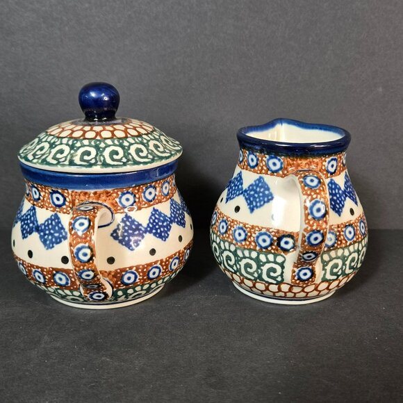 Polish Pottery UNIKAT Creamer Pitcher & Sugar Bowl Set w Lid Handmade Geometric - Picture 4 of 11